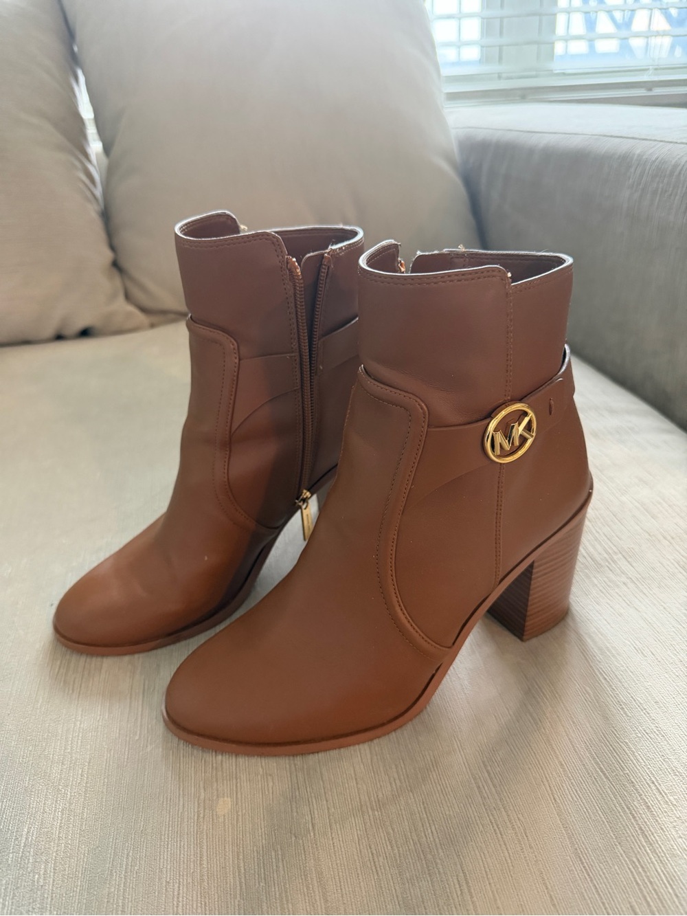 Michael Kors Cognac Brown Leather Block Heel Ankle Booties